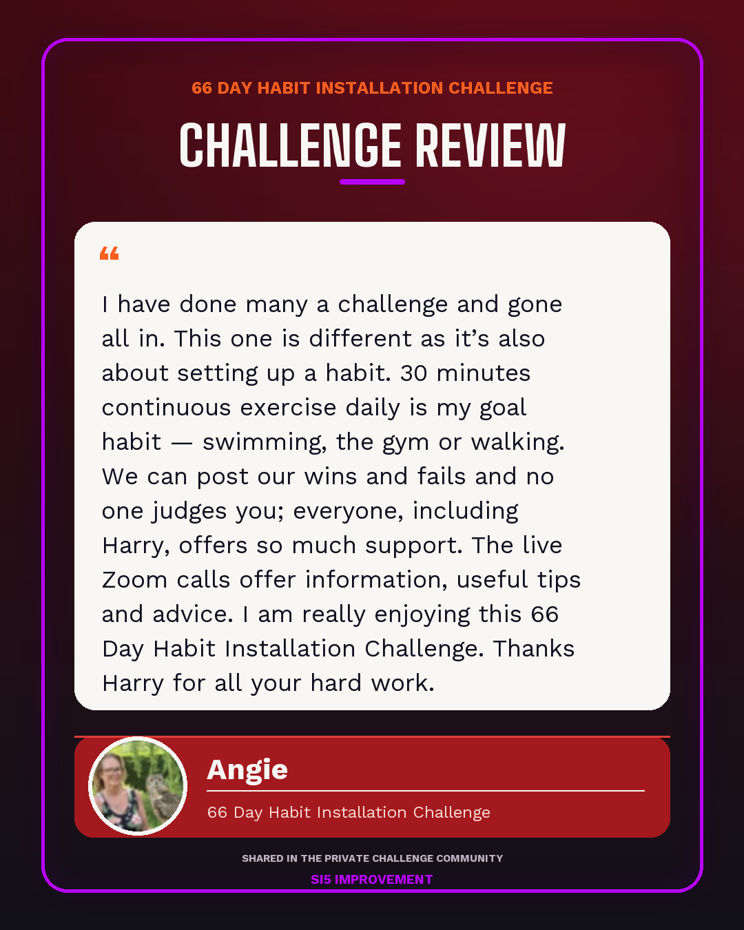 Angie's review of the 66 Day Habit Installation Challenge