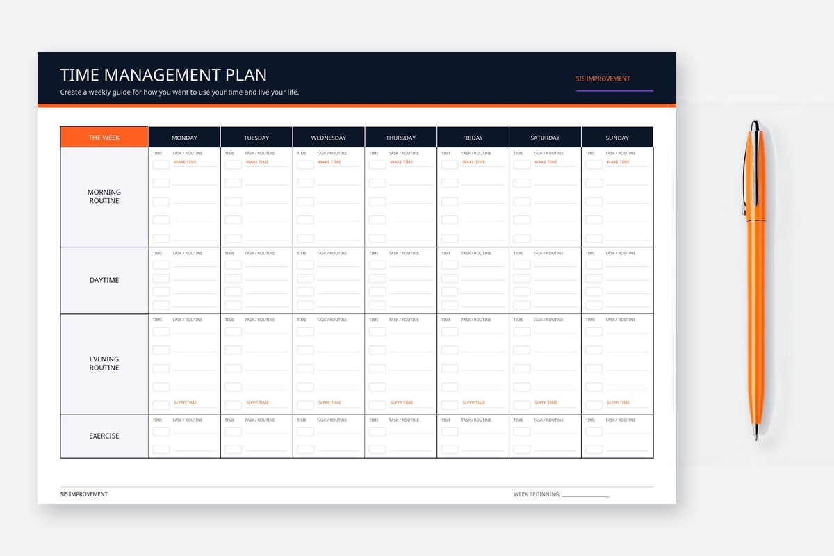 Printable weekly Time Management Plan with Monday to Sunday columns