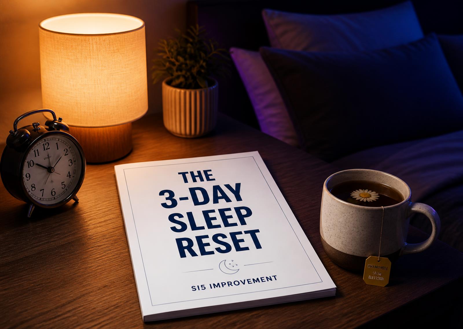 The 3-Day Sleep Reset guide on a bedside table beside a lamp, alarm clock and chamomile tea