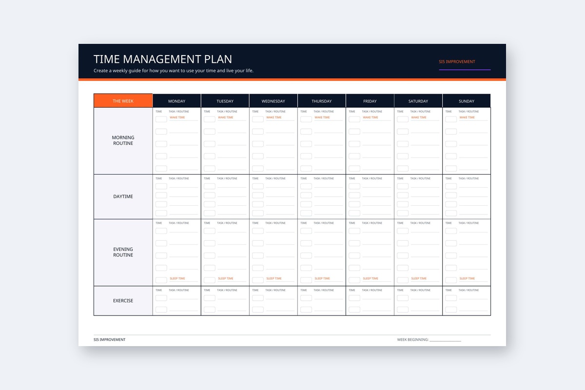 Preview of the one-page SI5 Time Management Plan