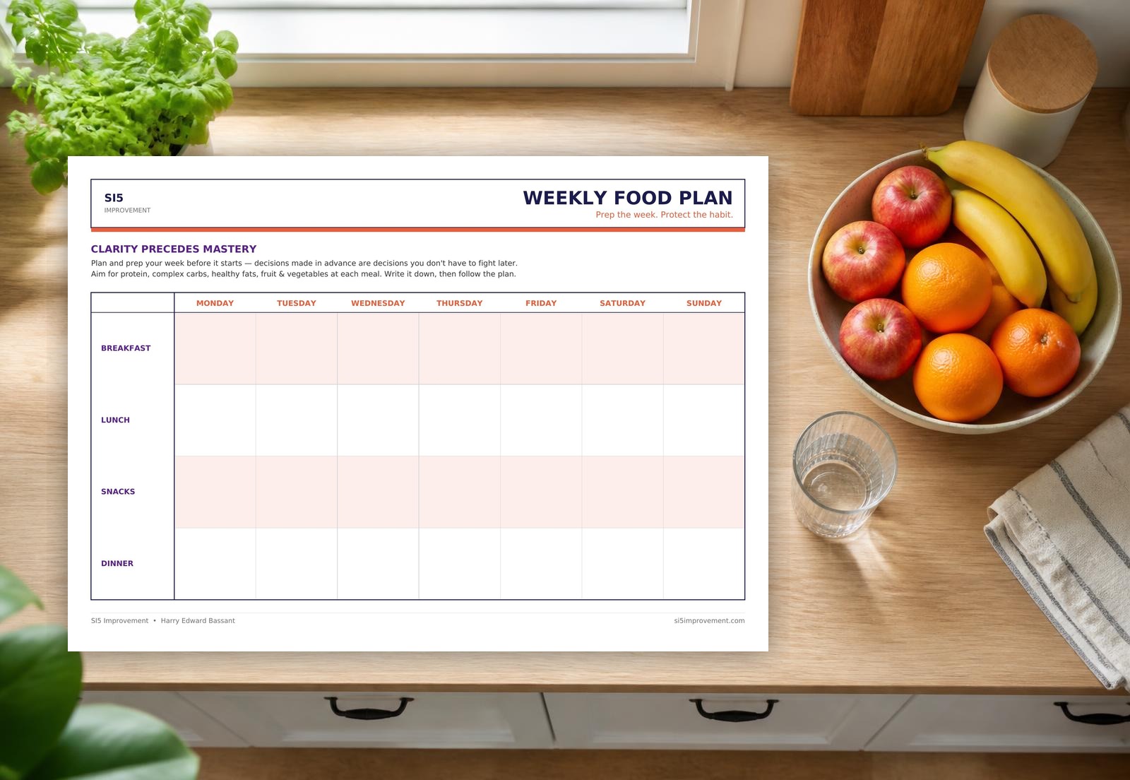 Printable weekly Food Plan on a kitchen worktop beside a bowl of fresh fruit