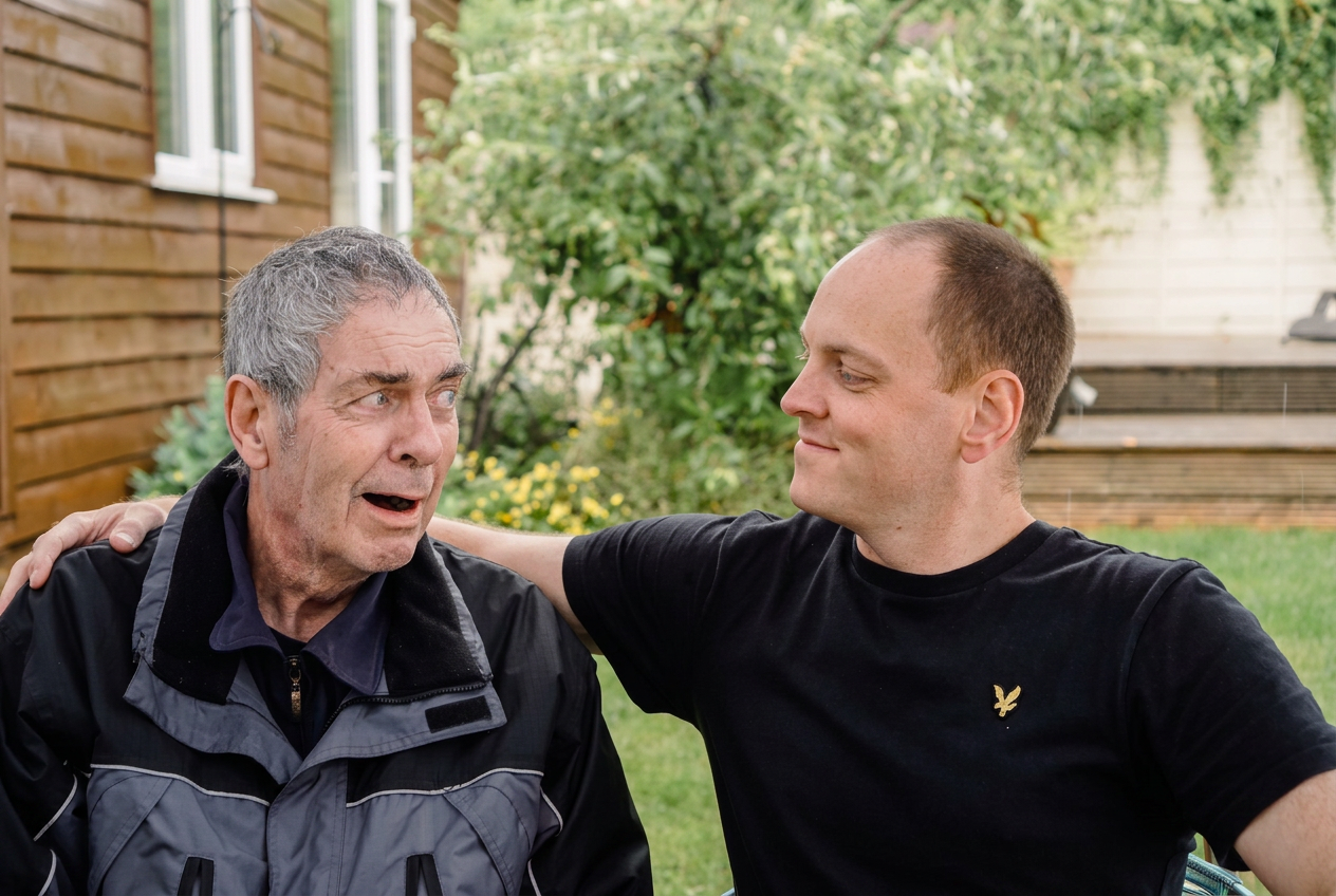 Harry sitting in the garden with his dad