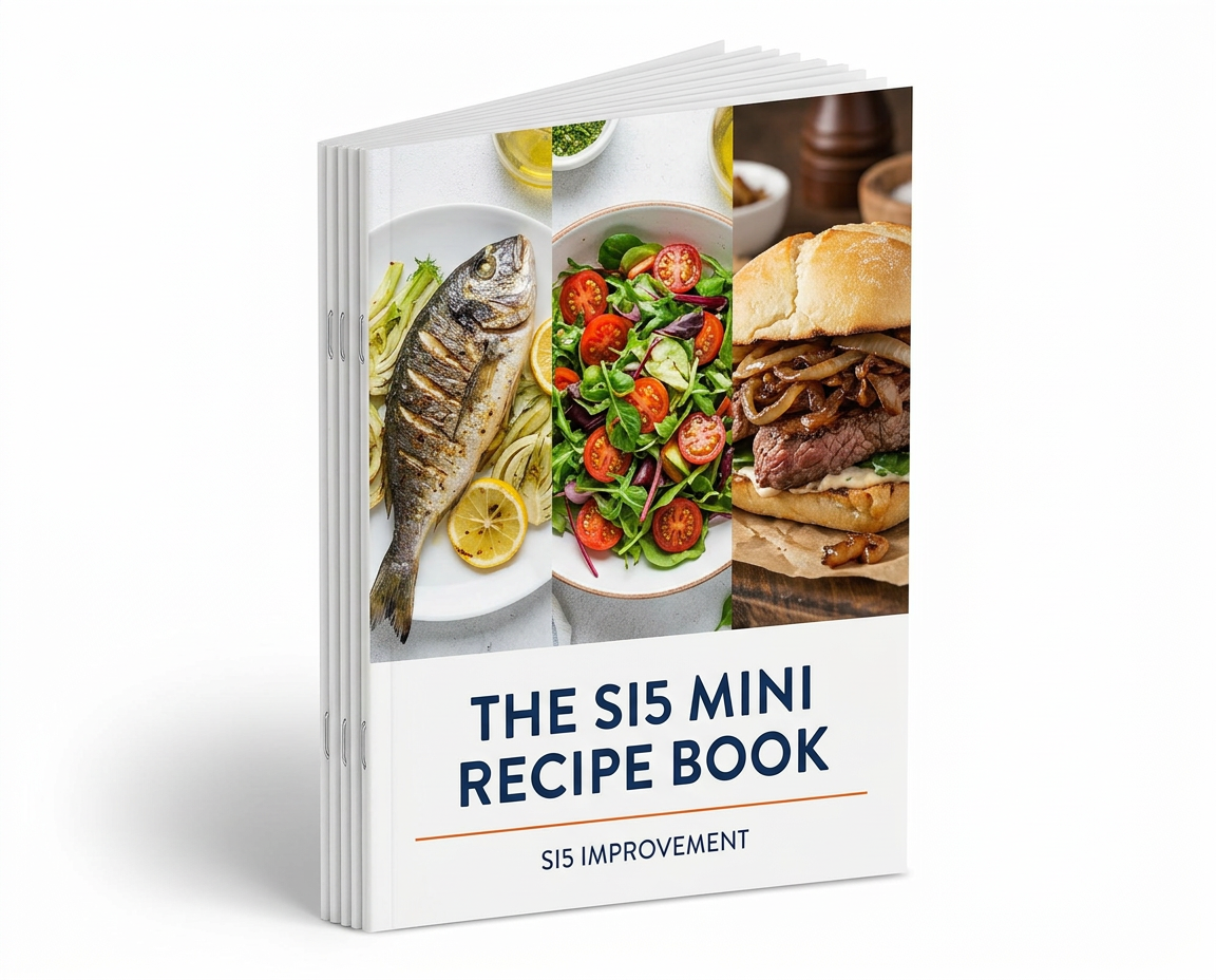 The SI5 Mini Recipe Book: slim brochure-style recipe booklet with photos of grilled fish, salad and a steak sandwich on the cover